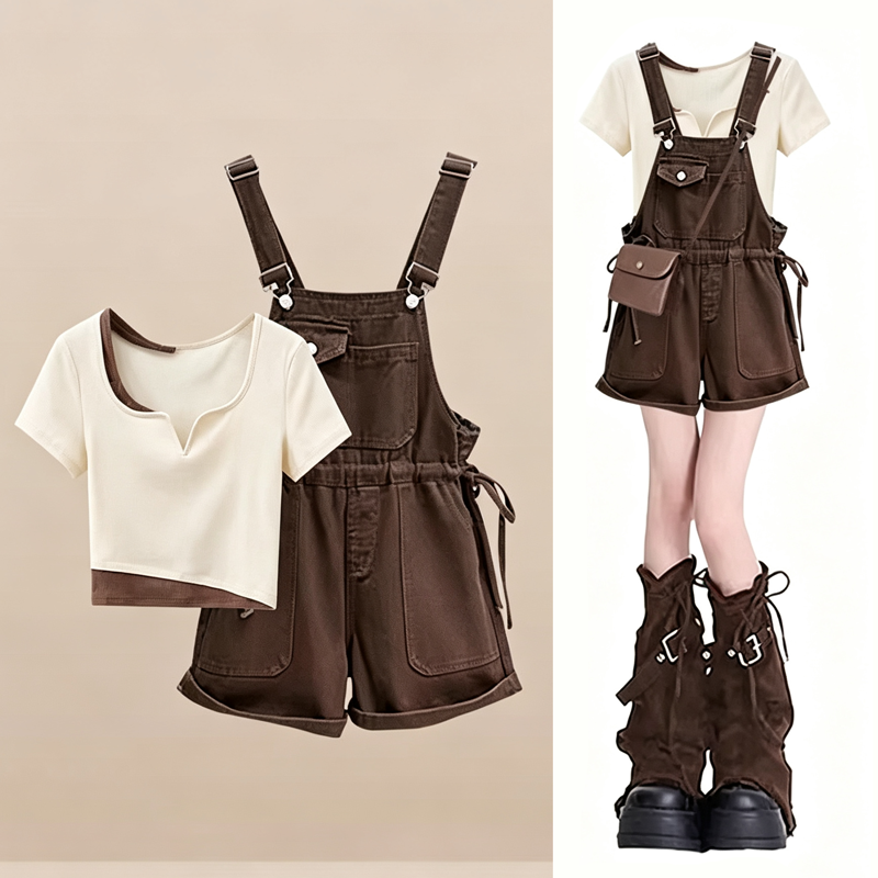 Color Block Short Sleeve Top Loose Short Overalls Two Pieces Set - Set - 3XL - image 1