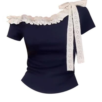 Lace Off Shoulder Short Sleeve Top Ruffled Skirt Two Pieces Set - Top - XL - image 2