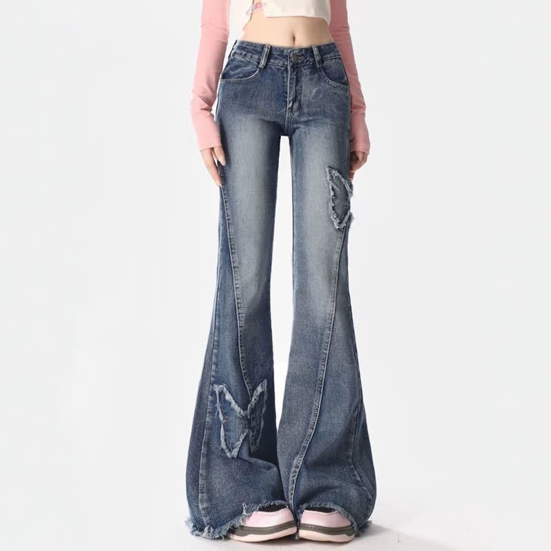 Butterfly Print Off Shoulder Top Flared Jeans Two Pieces Set - Blue Pants - 2XL - image 4