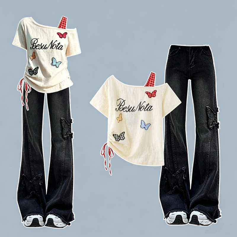 Butterfly Print Off Shoulder Top Flared Jeans Two Pieces Set - Black Pants+Top - 2XL - image 2