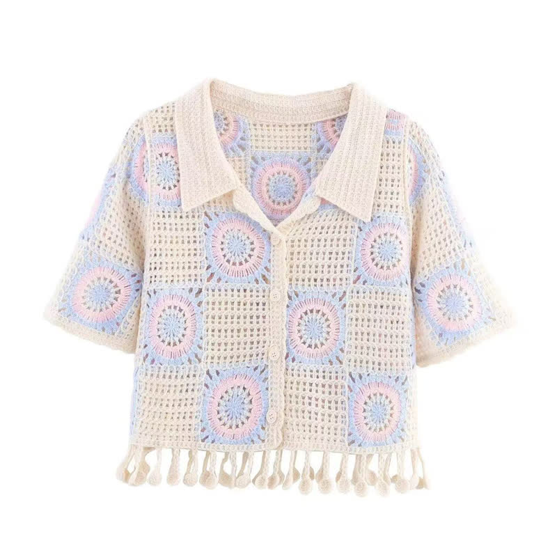 Crochet Tassel Short Sleeve Shirt Solid Color Skirt Two Pieces Set - Top - 4XL - image 3
