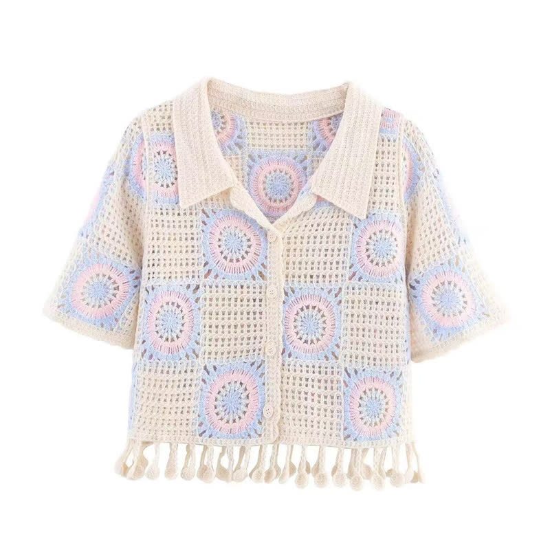 Crochet Tassel Short Sleeve Shirt Solid Color Skirt Two Pieces Set - Top - 4XL - image 3