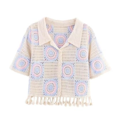 Crochet Tassel Short Sleeve Shirt Solid Color Skirt Two Pieces Set - Top - 4XL - image 3