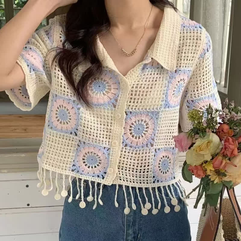 Crochet Tassel Short Sleeve Shirt Solid Color Skirt Two Pieces Set - image 2