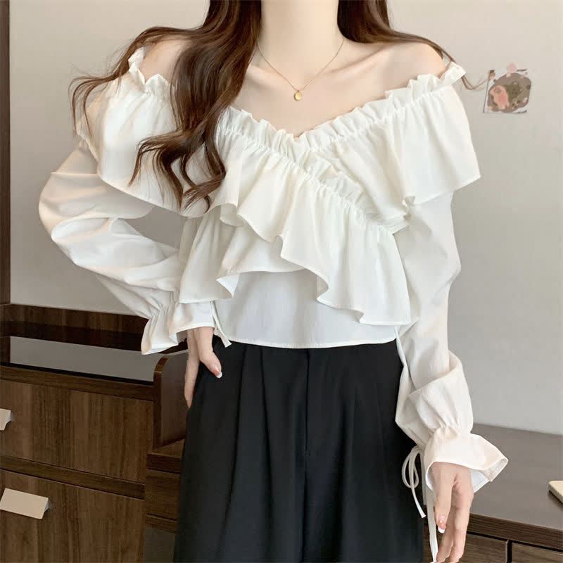 Ruffle Off Shoulder Long Sleeve Top Layered Chain Skirt Two Pieces Set - image 3