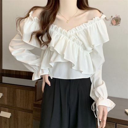 Ruffle Off Shoulder Long Sleeve Top Layered Chain Skirt Two Pieces Set - image 3