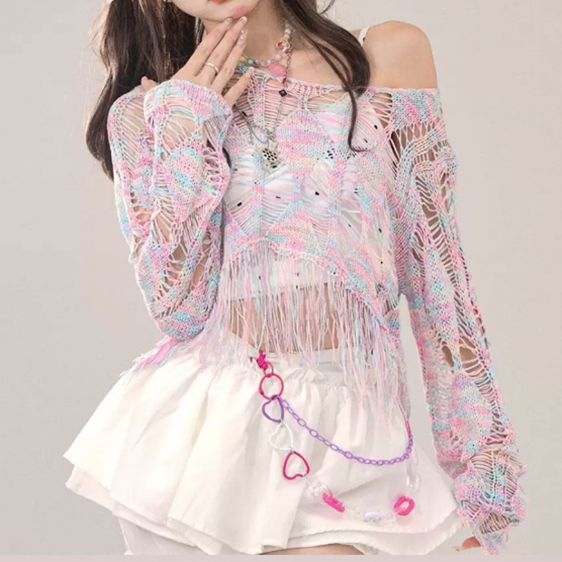 Sweet Hollow Out Knit Cover Up And Cami Top Two Pieces Set - image 1