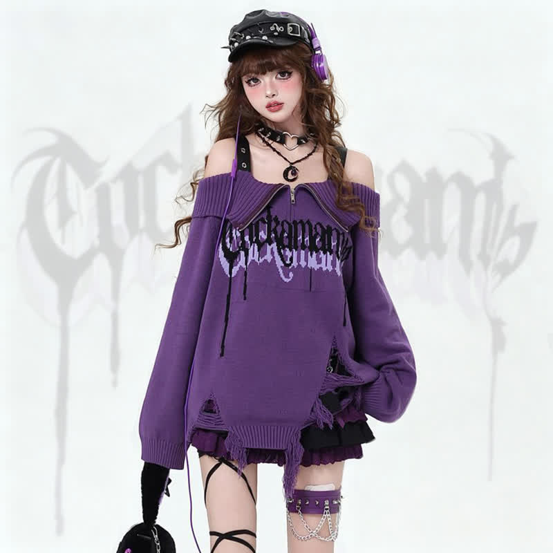 Punk Off Shoulder Distressed Ripped Long Sleeve Knit Sweater - image 1