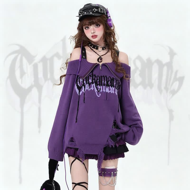Punk Off Shoulder Distressed Ripped Long Sleeve Knit Sweater - image 1