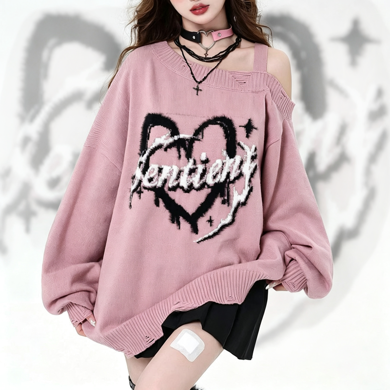 Sweet Cool Off Shoulder Heart Print Knit Oversized Sweater - image 1