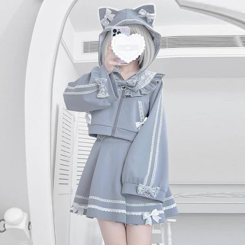 Cute Cat Ear Bow Decorated Top High Waist Flared Skirt Two Pieces Set - image 3