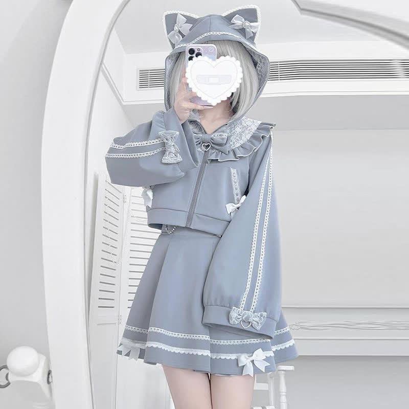 Cute Cat Ear Bow Decorated Top High Waist Flared Skirt Two Pieces Set - image 3