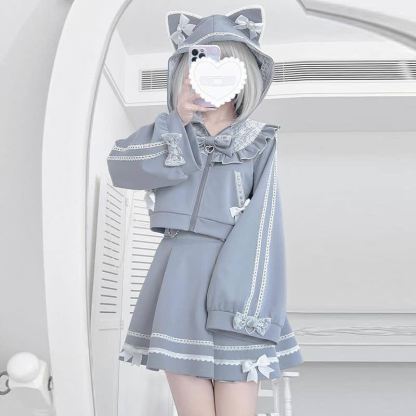 Cute Cat Ear Bow Decorated Top High Waist Flared Skirt Two Pieces Set - image 3