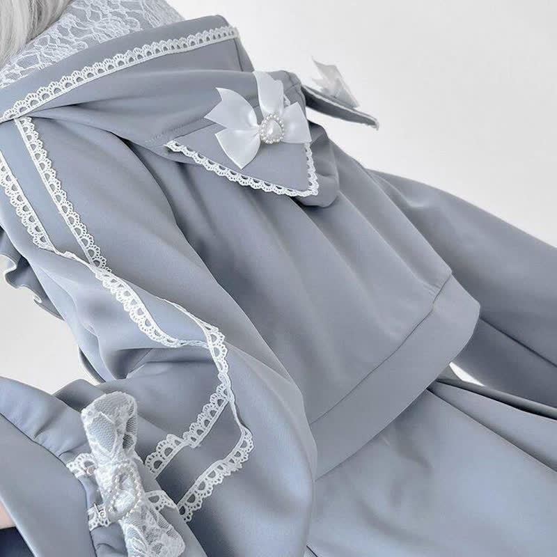 Cute Cat Ear Bow Decorated Top High Waist Flared Skirt Two Pieces Set - image 4