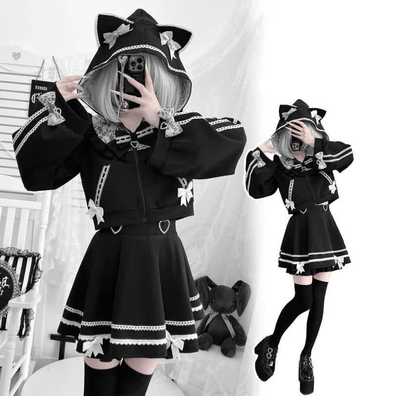 Cute Cat Ear Bow Decorated Top High Waist Flared Skirt Two Pieces Set - Black - L - image 2
