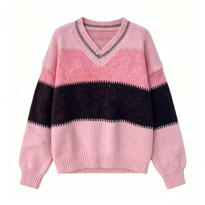 Color Block V Neck Knit Sweater Tiered Dress Two Pieces Set - Top - 4XL - image 2