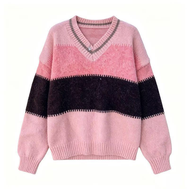 Color Block V Neck Knit Sweater Tiered Dress Two Pieces Set - Top - 4XL - image 2