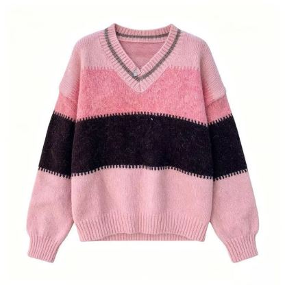 Color Block V Neck Knit Sweater Tiered Dress Two Pieces Set - Top - 4XL - image 2