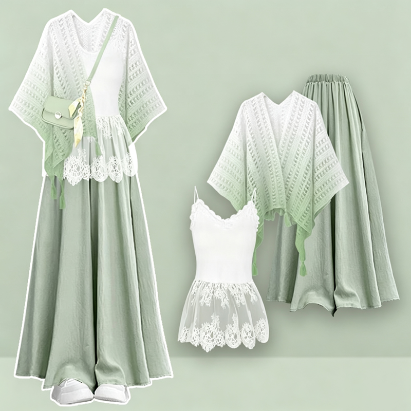 Gradient Hollow Out Shawl Lace Cami Top Wide Leg Pants Three Pieces Set - Green Set - 4XL - image 2