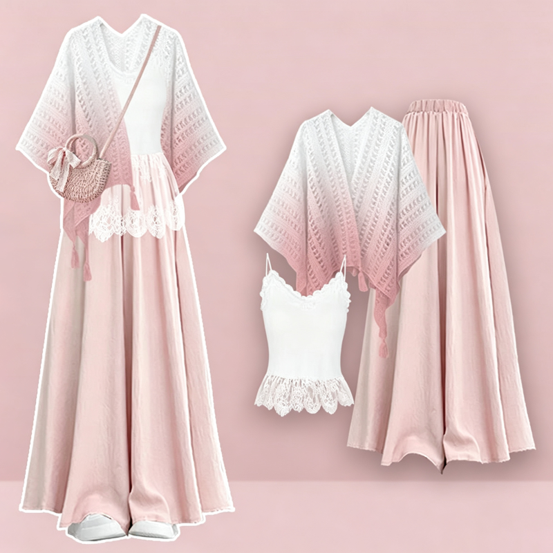Gradient Hollow Out Shawl Lace Cami Top Wide Leg Pants Three Pieces Set - Pink Set - 4XL - image 4