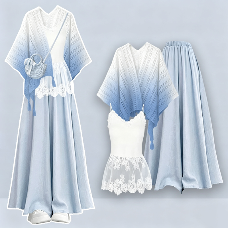 Gradient Hollow Out Shawl Lace Cami Top Wide Leg Pants Three Pieces Set - Blue Set - 4XL - image 3