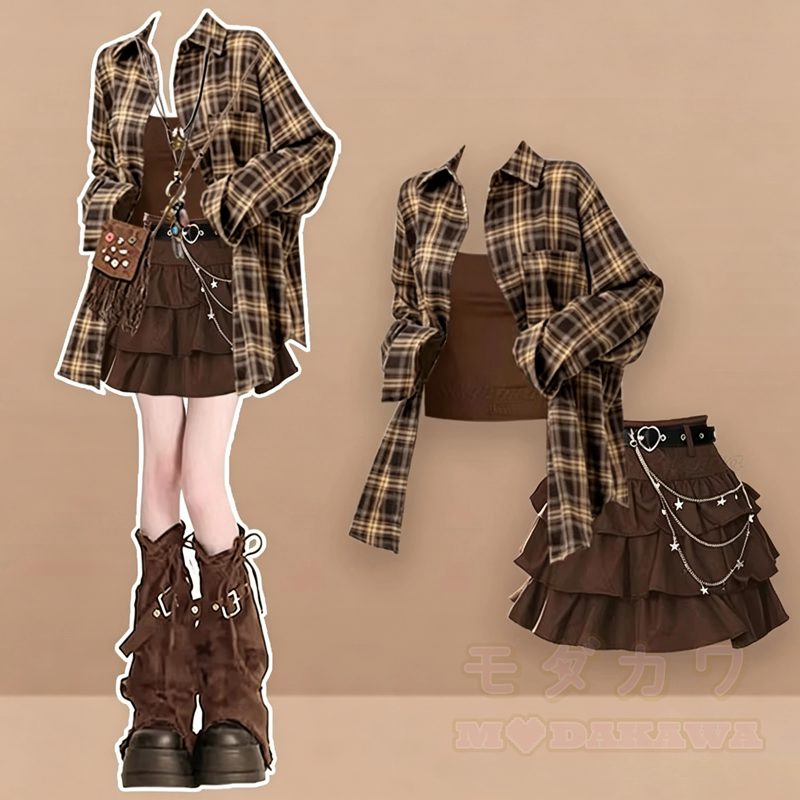 Vintage Plaid Long Sleeve Shirt Sweet Ruffle Tiered Skirt Two Pieces Set - Coffee Set - 3XL - image 1