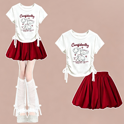 Cute Cat Print Short Sleeve T-Shirt Bubble Skirt Two Pieces Set - Red Set - 3XL - image 1