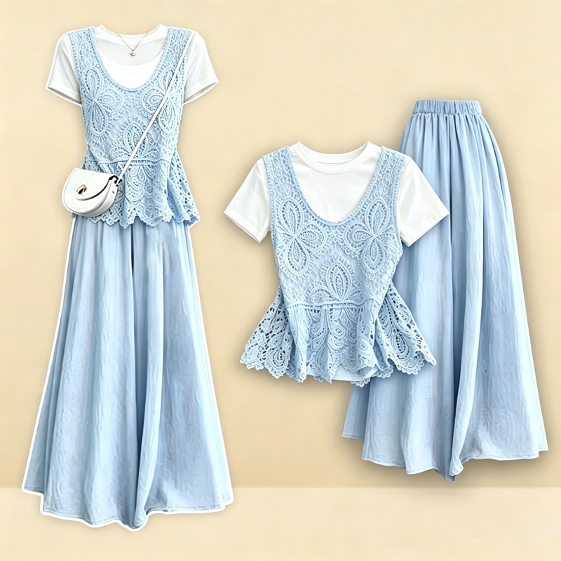 Elegant Hollow Floral Lace Vest Solid T-Shirt Loose Pants Three Pieces Set - Blue Set - L - image 1