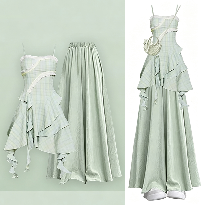 Korean Style Irregular Ruffle Cami Dress Wide Leg Pants Two Pieces Set - Set - XL - image 1