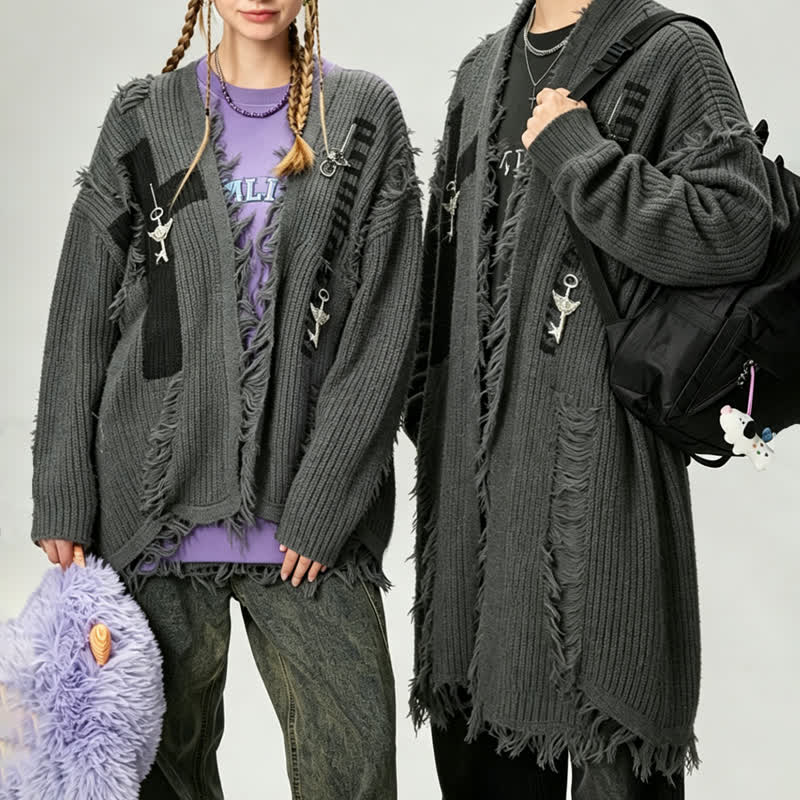 Dark Fashion Punk Vintage Distressed Fringe Long Sleeve Knit Sweater - image 1