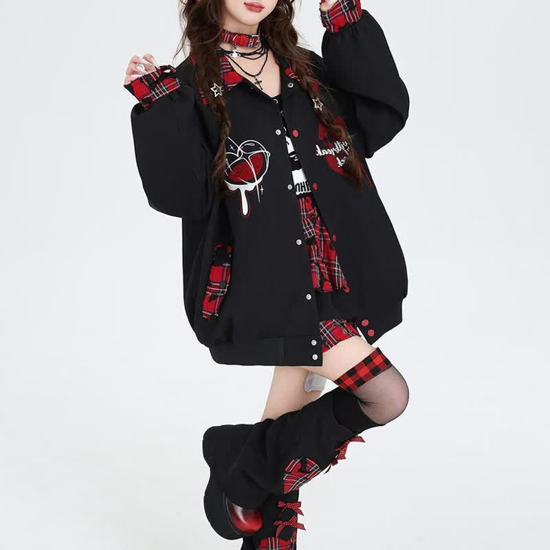 Vintage American Style Plaid Splicing Heart Graphic Oversized Jacket  - image 1