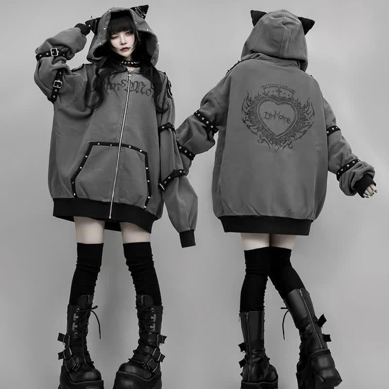 Gothic Y2K Cat Ear Zip Up Oversized Hoodie Coat - image 1