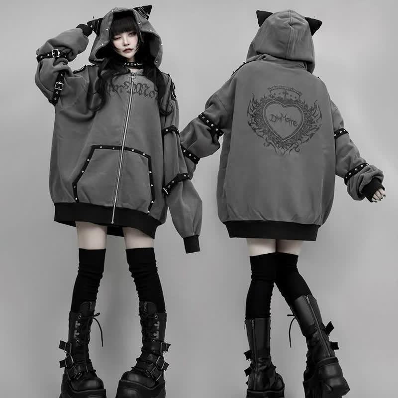 Gothic Y2K Cat Ear Zip Up Oversized Hoodie Coat - image 1