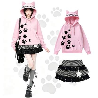 MODAKAWA Cat Paw Print Hoodie Striped Star Layered Skirt Two Pieces Set - image 1