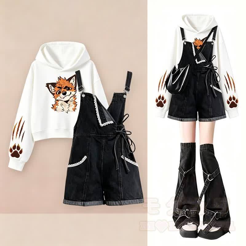 Cute Fox Paw Print Hoodie Denim Overalls Shorts Two Pieces Set - image 1