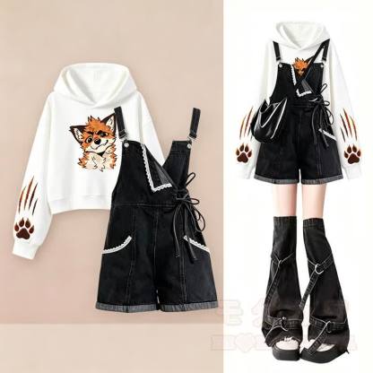 Cute Fox Paw Print Hoodie Denim Overalls Shorts Two Pieces Set - image 1