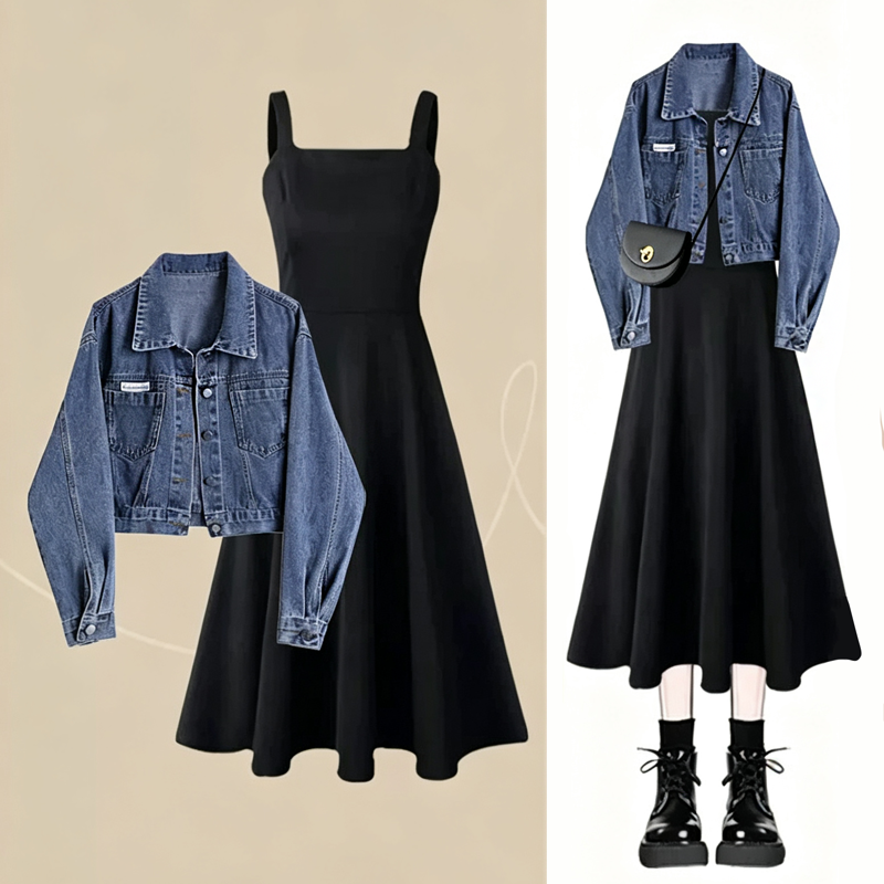 Casual Denim Jacket Elegant Slim Sling Dress Two Pieces Set  - Set - 4XL - image 1