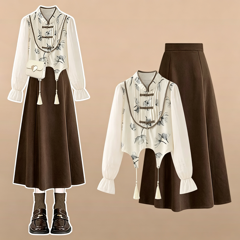 Chinese Style Frog Button Shirt High Waist Vintage Skirt Two Pieces Set - Set - 4XL - image 1