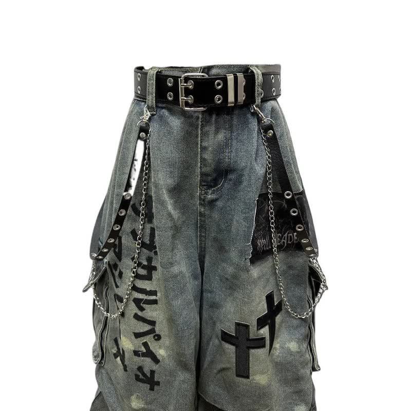 Vintage Distressed Goth Patch Denim Pants - image 3