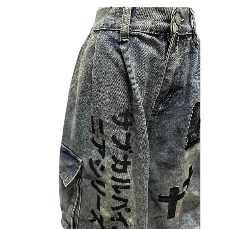 Vintage Distressed Goth Patch Denim Pants - image 5