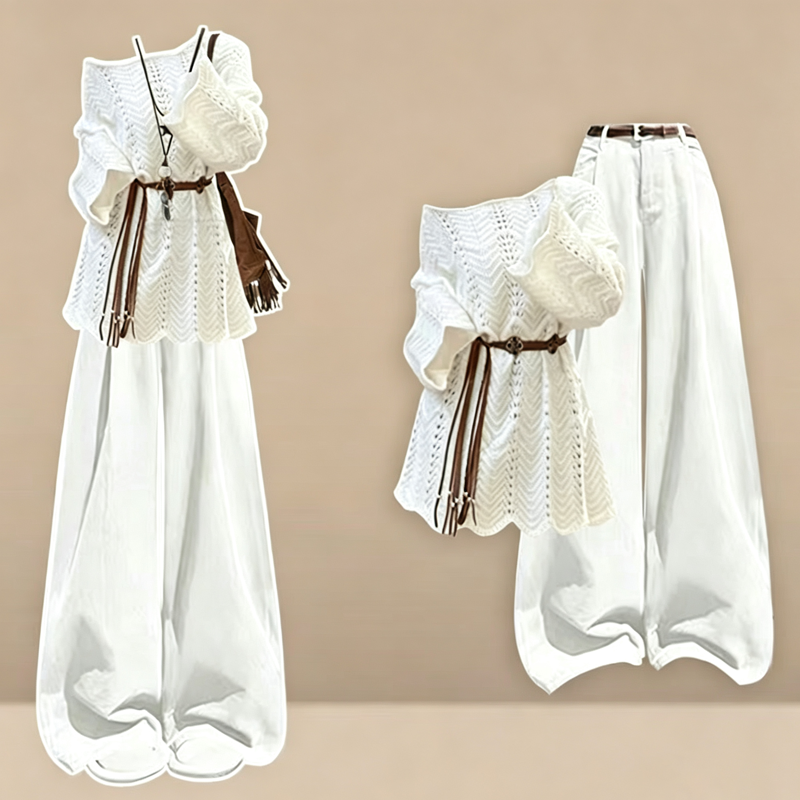 Hollow Out Long Sleeve Knit Cover Up Belted Corduroy Pants Two Pieces Set - White Set - 4XL - image 2