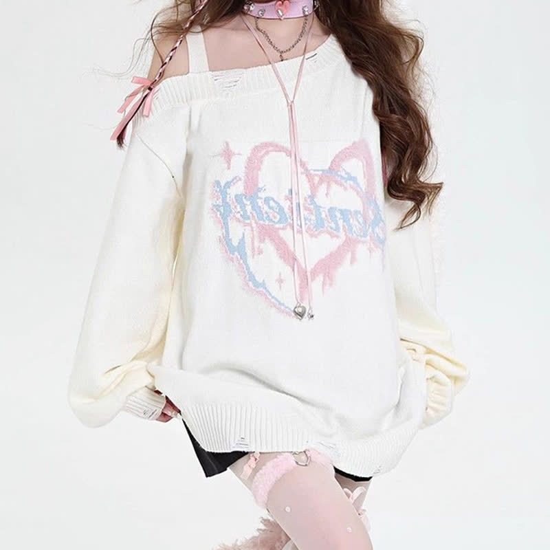 Sweet Cool Off Shoulder Heart Print Knit Oversized Sweater - White - One Size - image 4