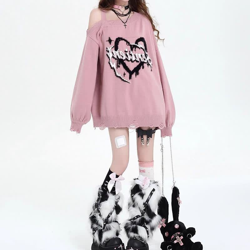 Sweet Cool Off Shoulder Heart Print Knit Oversized Sweater - image 3
