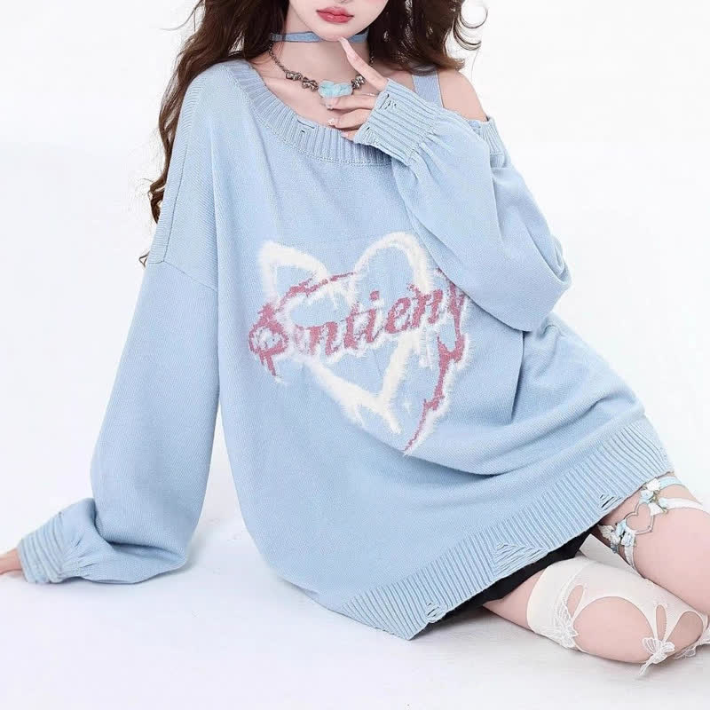 Sweet Cool Off Shoulder Heart Print Knit Oversized Sweater - Blue - One Size - image 6