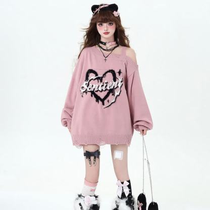 Sweet Cool Off Shoulder Heart Print Knit Oversized Sweater - Pink - One Size - image 2