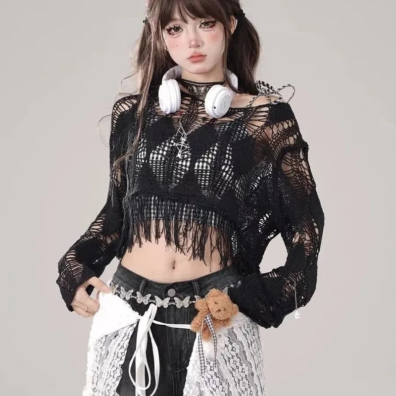 Sweet Hollow Out Knit Cover Up And Cami Top Two Pieces Set - Black - XL - image 8