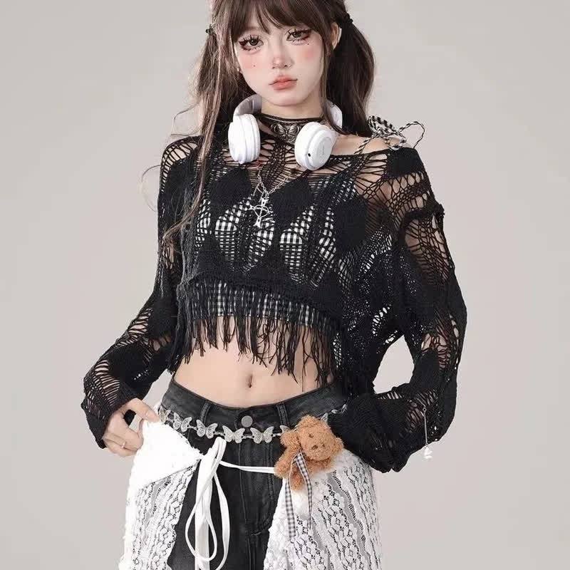 Sweet Hollow Out Knit Cover Up And Cami Top Two Pieces Set - Black - XL - image 8