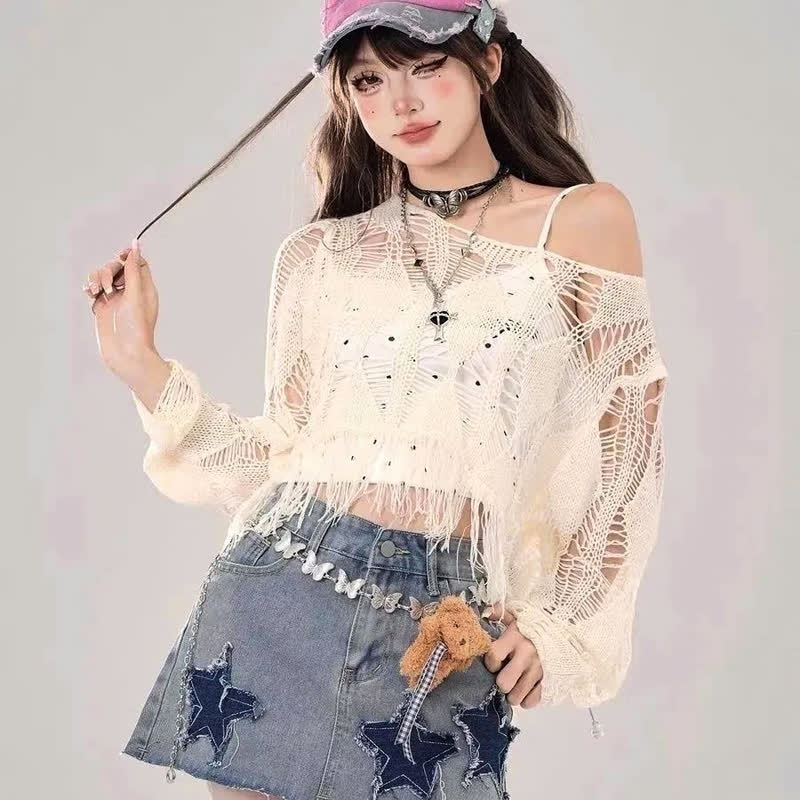Sweet Hollow Out Knit Cover Up And Cami Top Two Pieces Set - White - XL - image 6