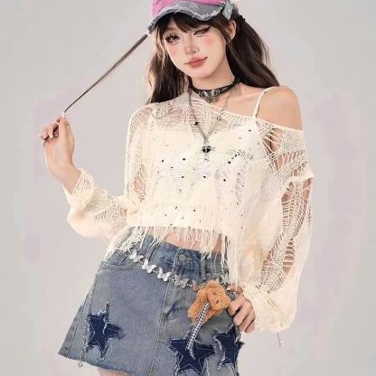 Sweet Hollow Out Knit Cover Up And Cami Top Two Pieces Set - White - XL - image 6