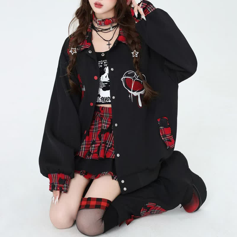 Vintage American Style Plaid Splicing Heart Graphic Oversized Jacket  - image 2